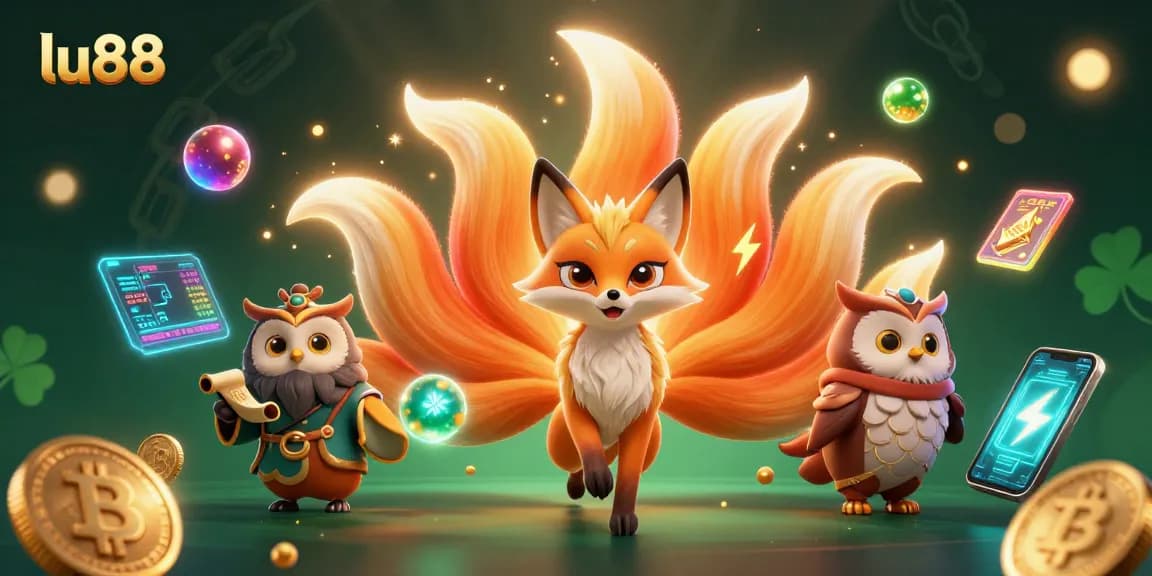 Experience thrilling gaming at lu88 with vibrant characters and cryptocurrency elements in this dynamic digital illustration.
