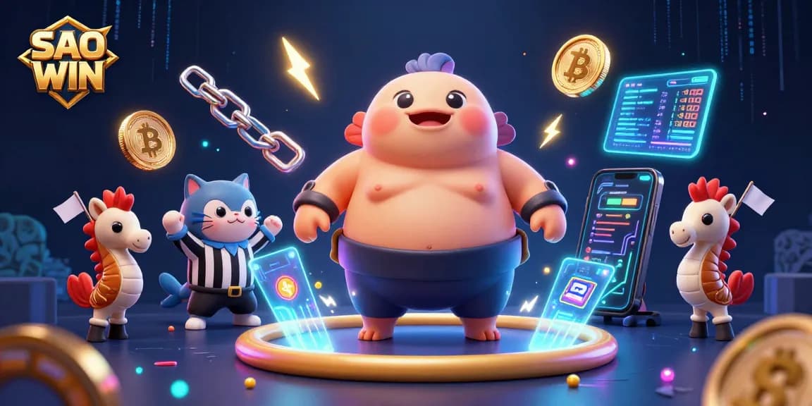 SAO WIN showcases a vibrant underwater gaming scene with a puffed fugu and catfish referee, enhancing online casino excitement.