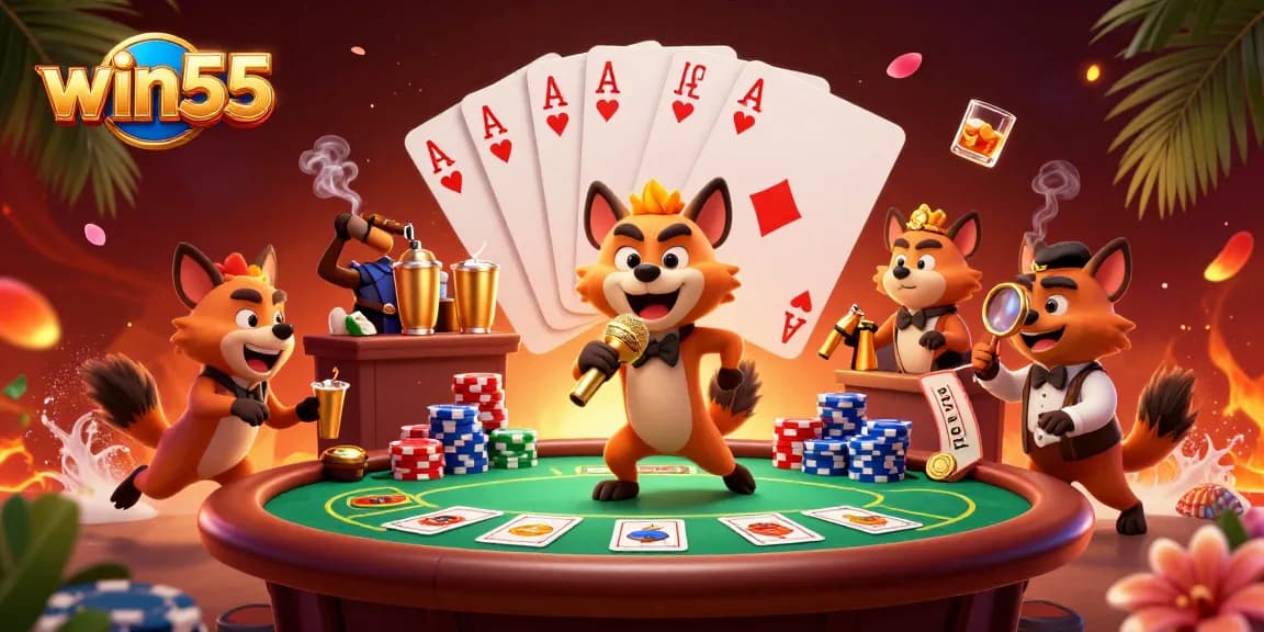 Experience the excitement at win55 with hyenas in a lively casino scene, featuring poker action and vibrant entertainment.