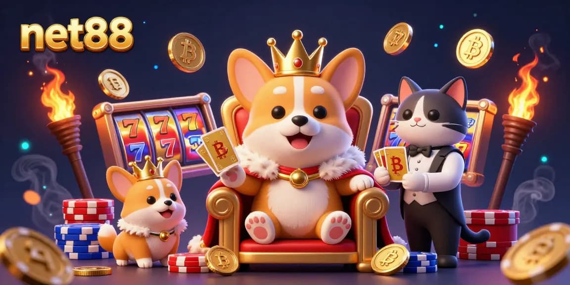 Engage with net88 through vibrant slot games featuring a royal corgi and dynamic casino elements.