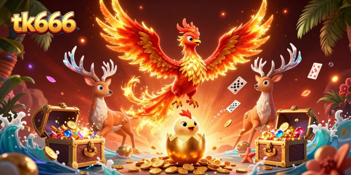 Witness the exciting world of tk666 with a cartoon fire phoenix and underwater treasures, gamified visual excitement for players.