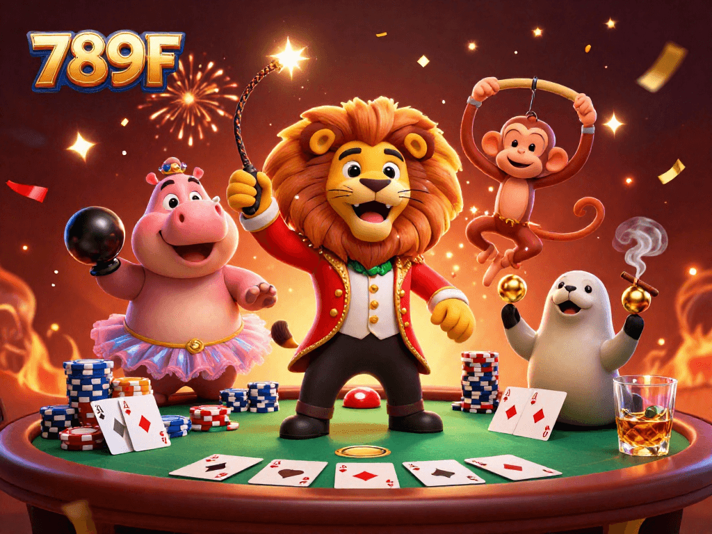 Engage in thrilling games at 789F with vibrant circus characters at a lively poker setup.