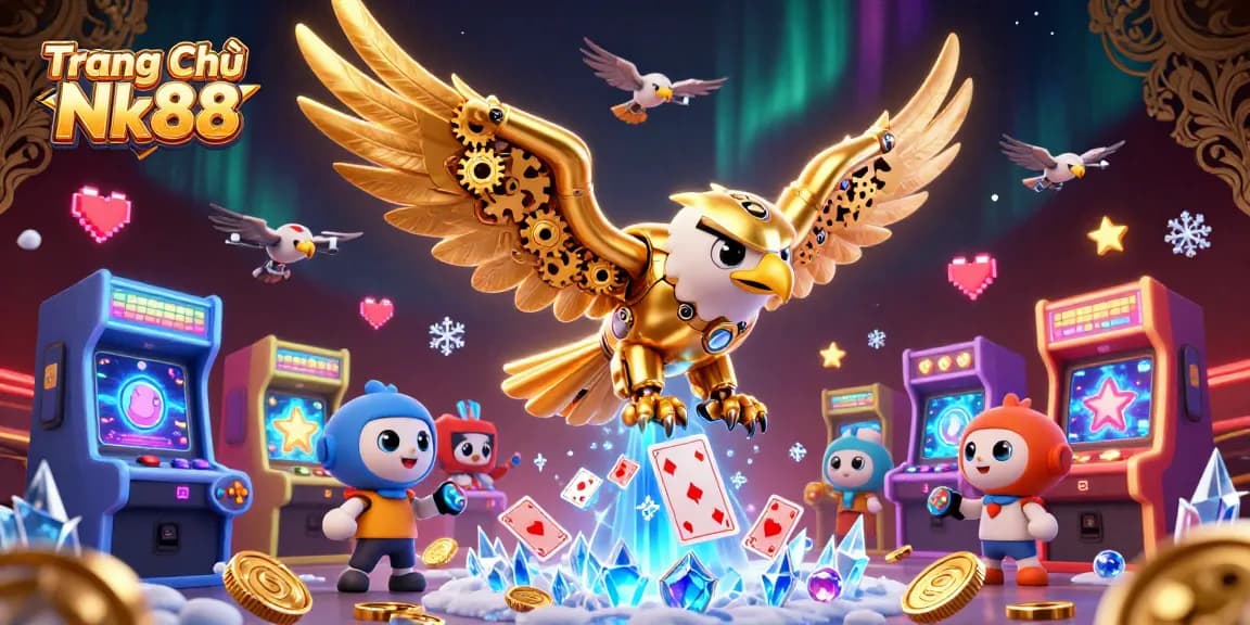 Experience vibrant casino adventures with Trang Chủ Nk88 featuring a diving cybernetic eagle and playful game elements.