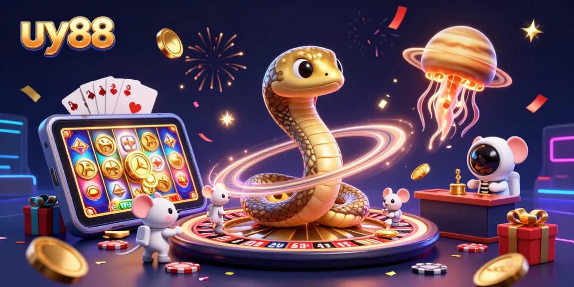 uy88 players engage with a cosmic roulette featuring a Saturn snake and astronaut mice, amidst vibrant casino elements.