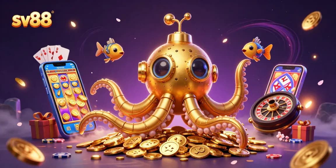 Experience sv88 slots with a 3D kraken submarine bursting through coins and animated games.