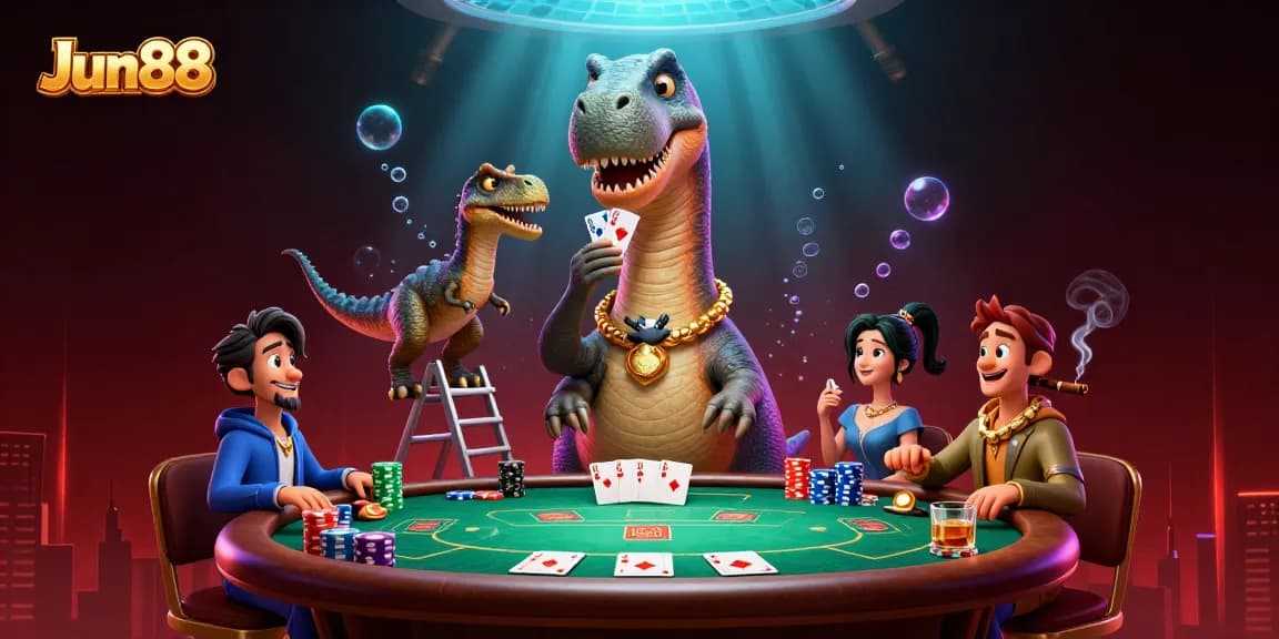 Engage with Jun88 in this vibrant casino scene as a clever raptor deals cards to a towering brontosaurus.