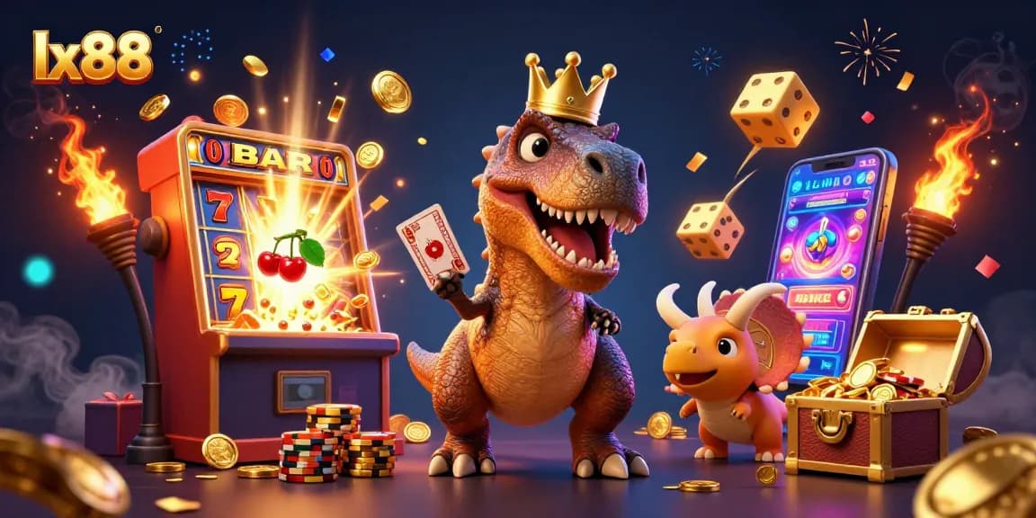 lx88 showcases a charming dino-themed casino scene with a T-Rex shuffling cards and vibrant slot machines.