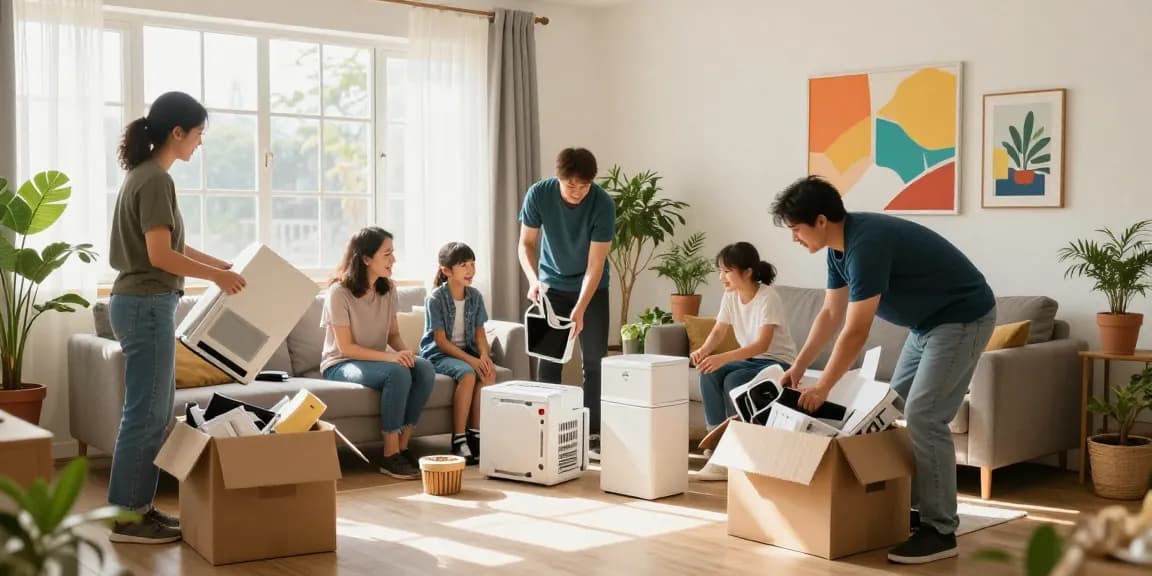 House clearance professionals decluttering a cozy living room filled with sunlight.