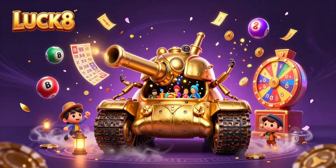 LUCK8 showcases a vibrant casino adventure with a golden beetle tank amidst dynamic gaming elements.