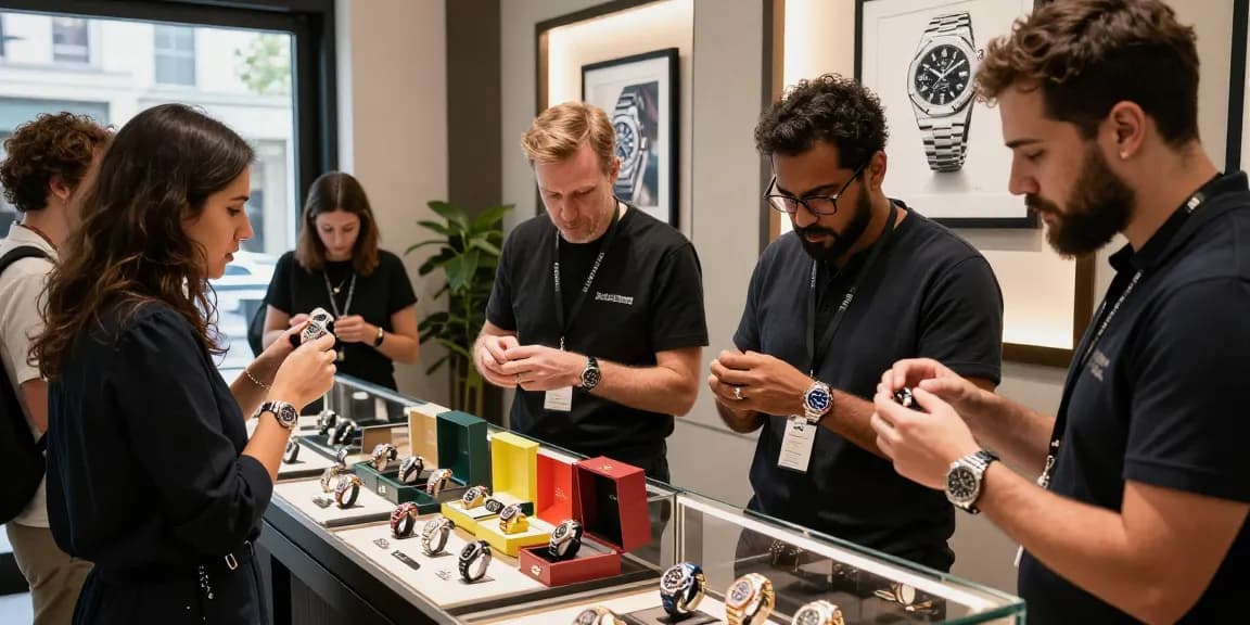 Customers exploring super clone watches in a chic urban boutique with engaging discussions.