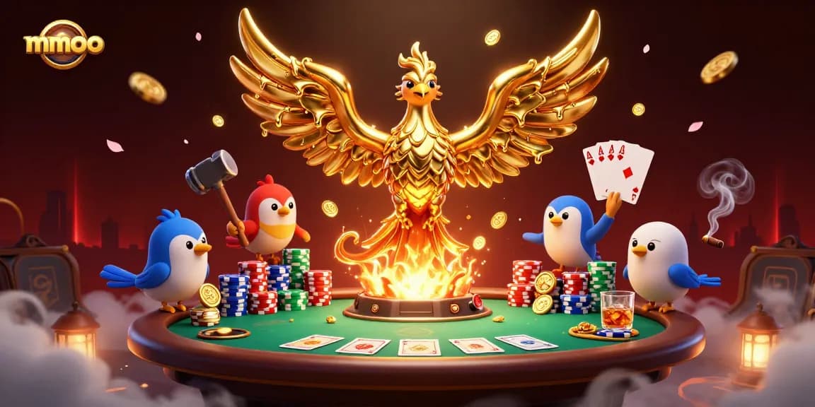Experience thrilling gameplay at mmoo with golden phoenix emerging from a poker scene filled with vibrant action.