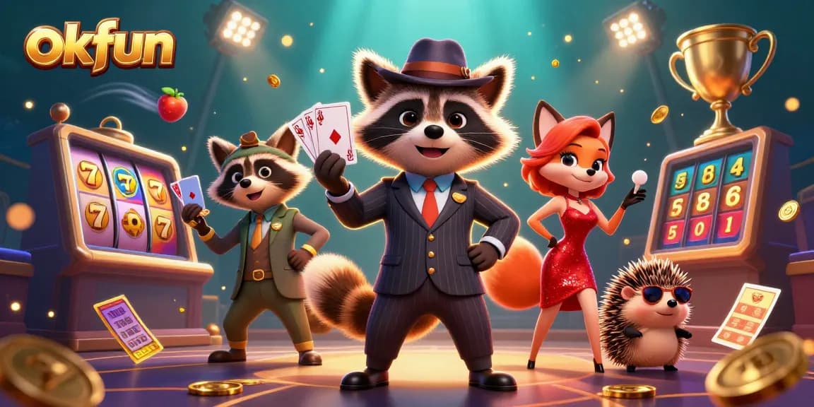 Experience thrilling gameplay at okfun with a raccoon, fox, and hedgehog in a dynamic casino scene.