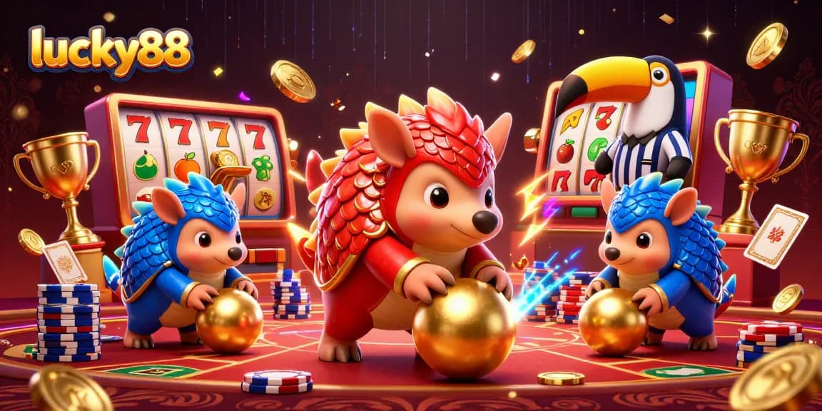 Lucky88 rivals clash as pangolins play amidst vibrant casino elements in a thrilling showdown.