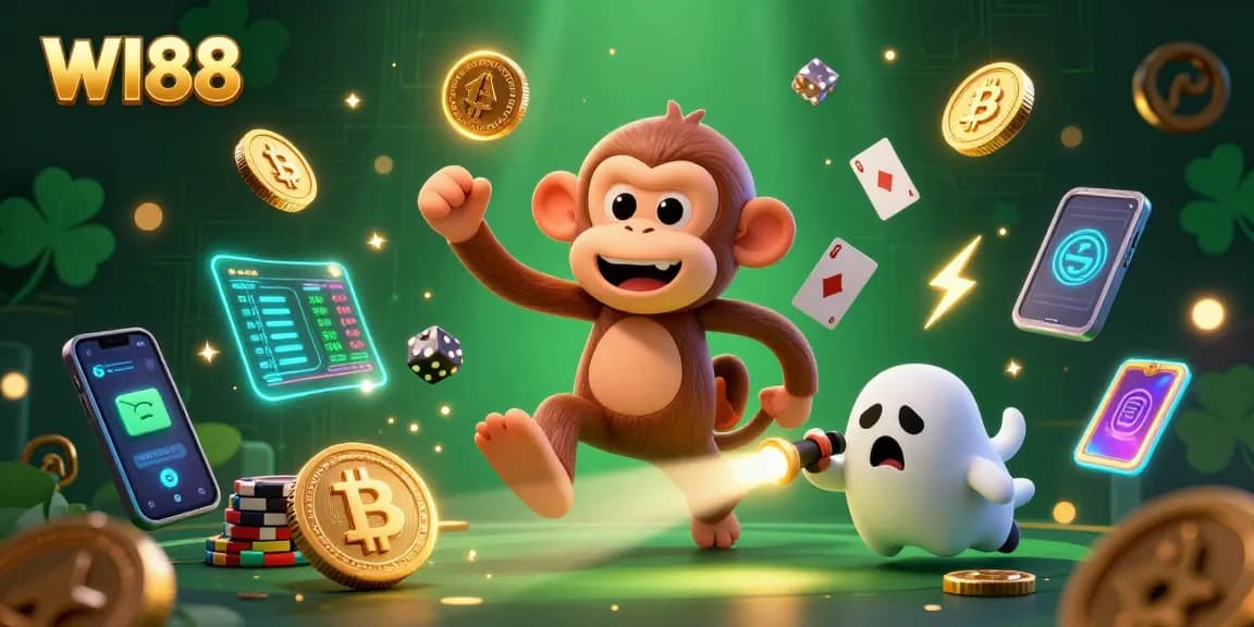 Experience the excitement of WI88 with our vibrant 3D casino illustration showcasing a mischievous monkey and a curious puppy amidst dazzling gaming elements.