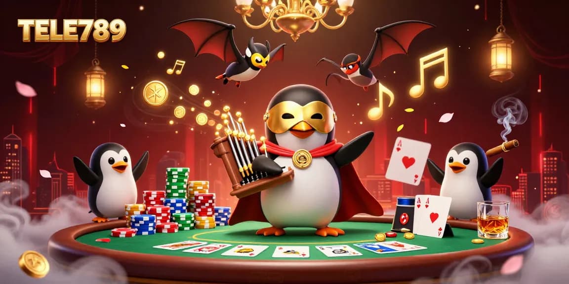 Engage in thrilling gameplay at TELE789, featuring a vibrant 3D scene with a phantom penguin and golden casino elements.