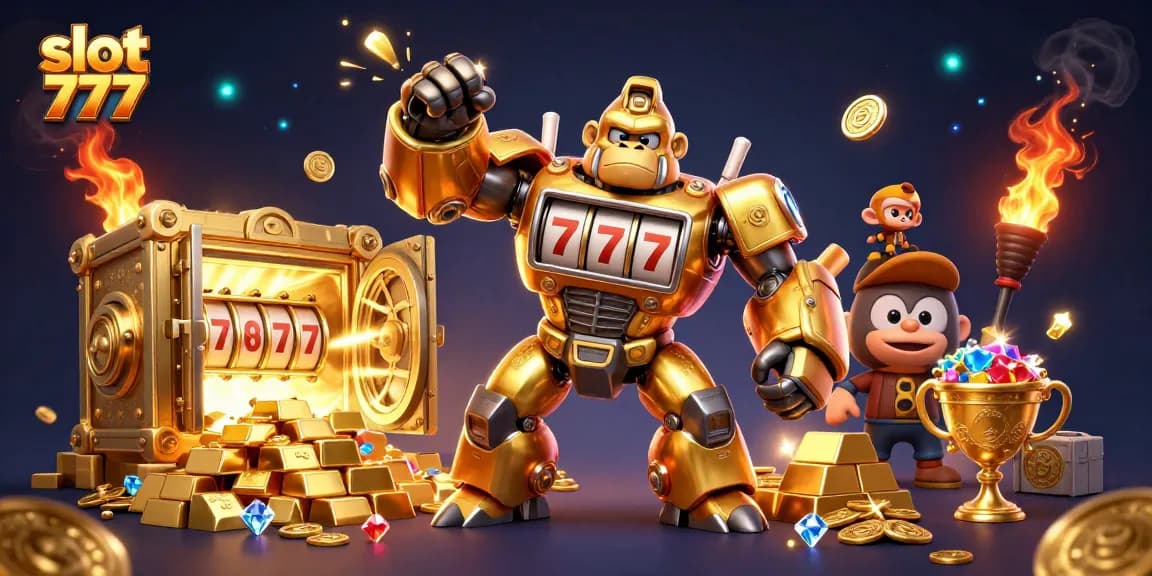 Spin to win with slot 777's vibrant golden gorilla mech amidst treasures and excitement!