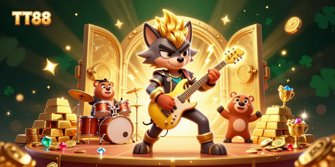 Experience the vibrant TT88 casino scene with a rock star wolf and a wild drummer bear amidst treasures and gaming excitement.