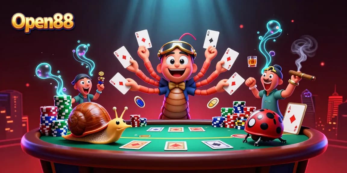 Open88 engages gamblers with a vibrant 3D scene of a millipede dealer, colorful chips, and dynamic game action.