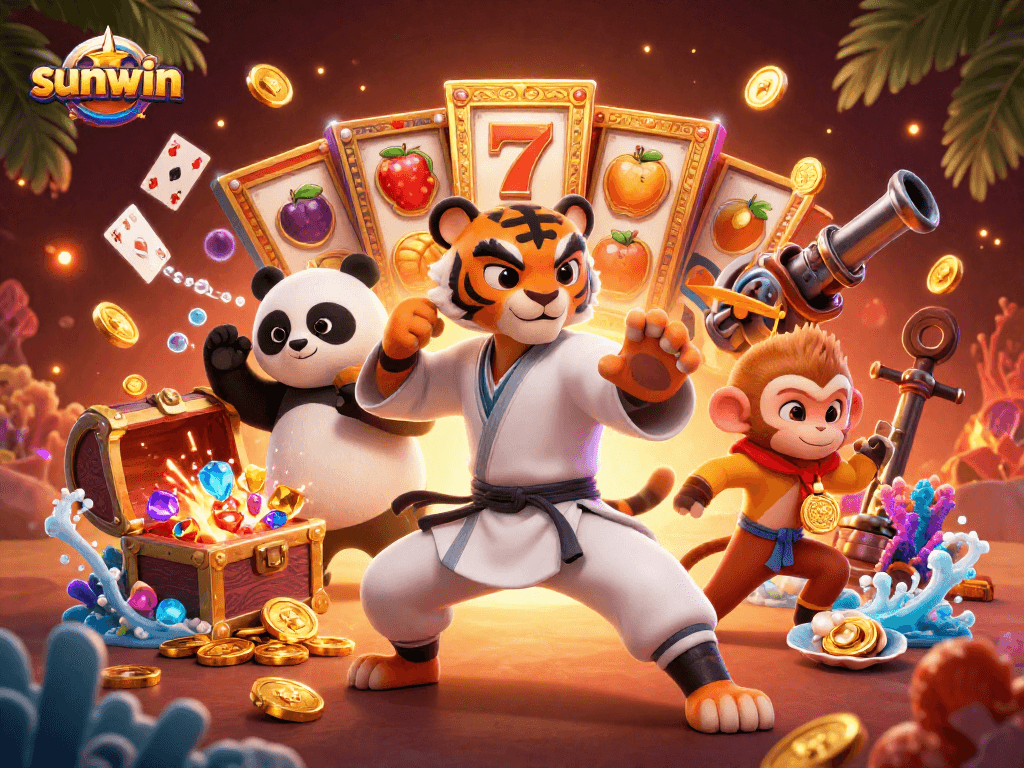 Engage in sunwin strategy as a kung fu tiger leads while a panda mimics poses amidst explosive gems and slot elements.