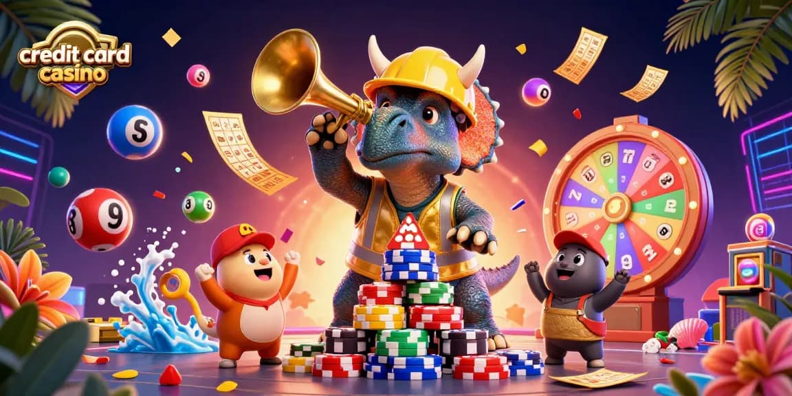 Engaging celebration at a credit card casino, featuring dynamic characters amid colorful lottery elements.