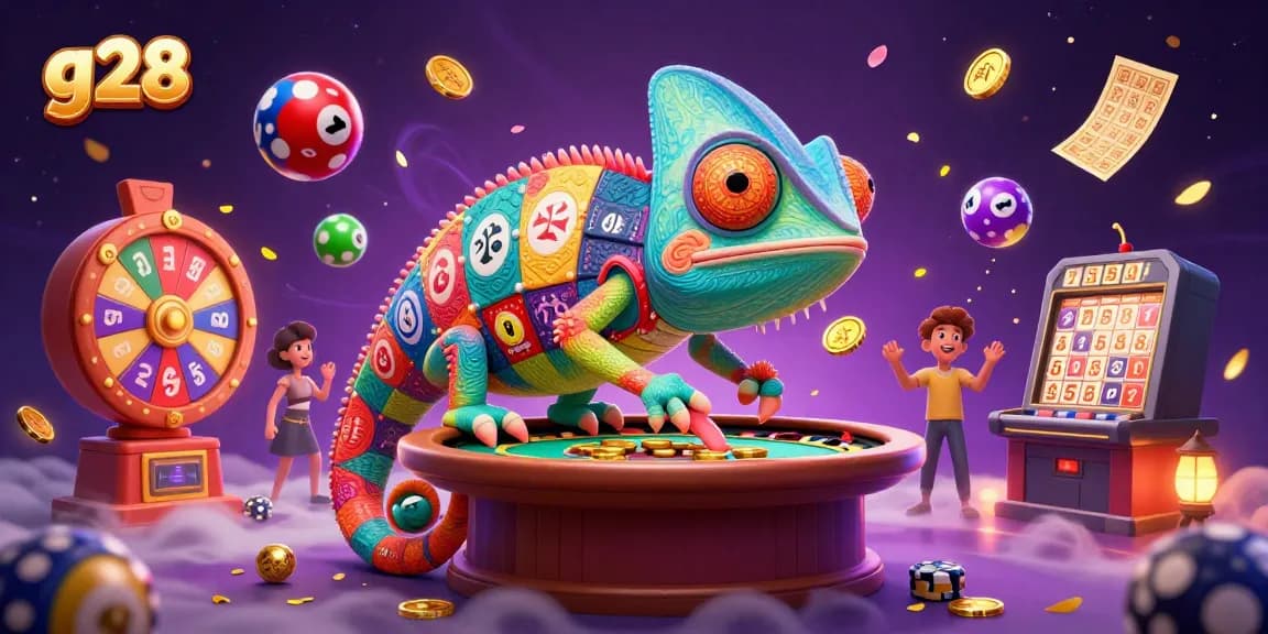 Experience thrilling wins with g28, where a colorful chameleon owner engages amidst vibrant casino excitement.