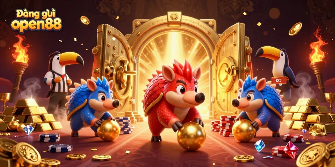 Engage in thrilling gaming experiences at Đăng ký open88, featuring dynamic pangolins among golden treasures.