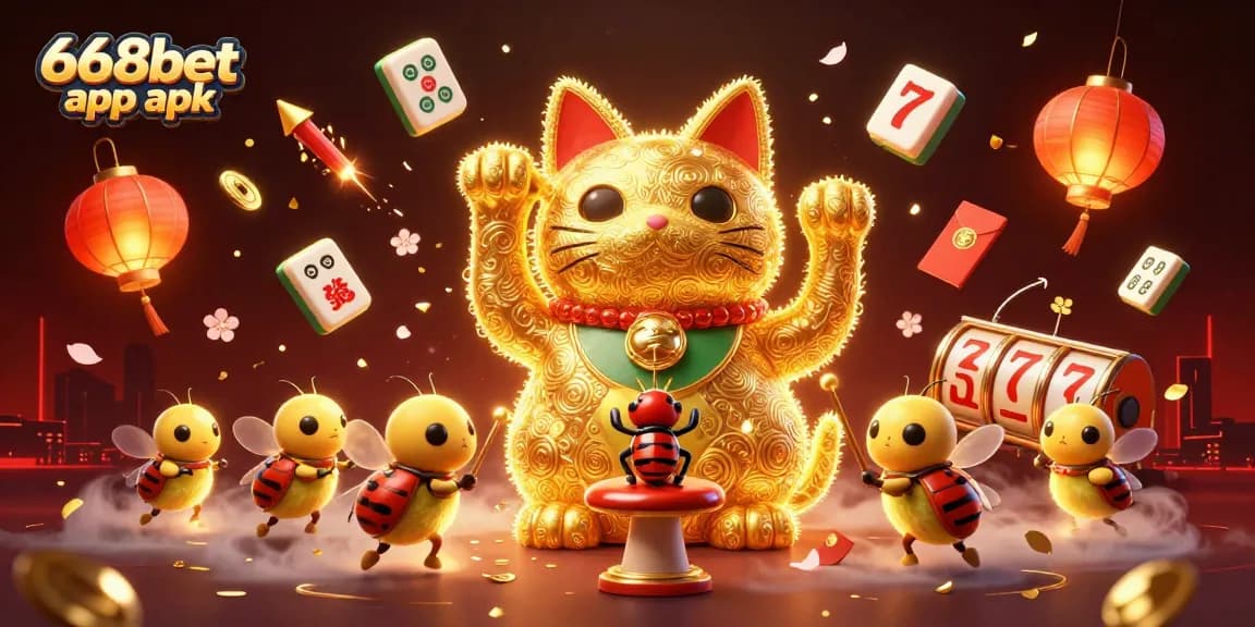 Experience the excitement with 668bet app apk in a vibrant online casino scene filled with lucky symbols and gold.