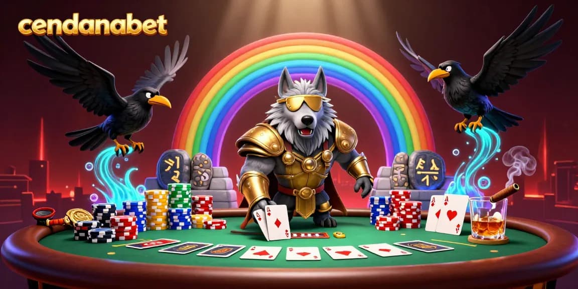 Cendanabet showcases thrilling poker action with Odin and two ravens amidst vibrant casino elements.