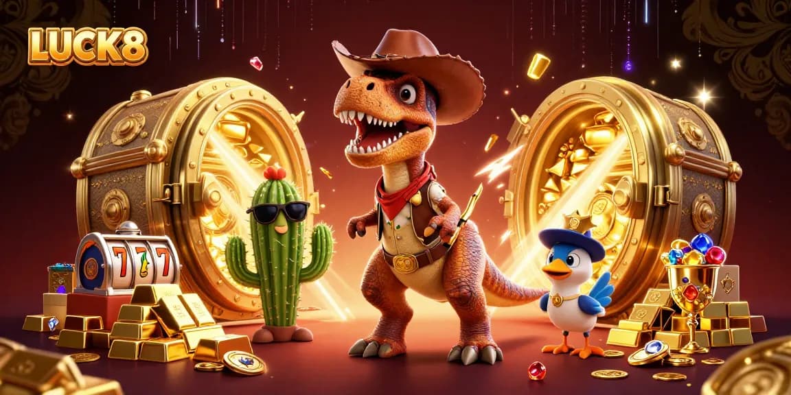 Engage with LUCK8’s vibrant casino world featuring a T-Rex and slot machines in a treasure-rich setting.