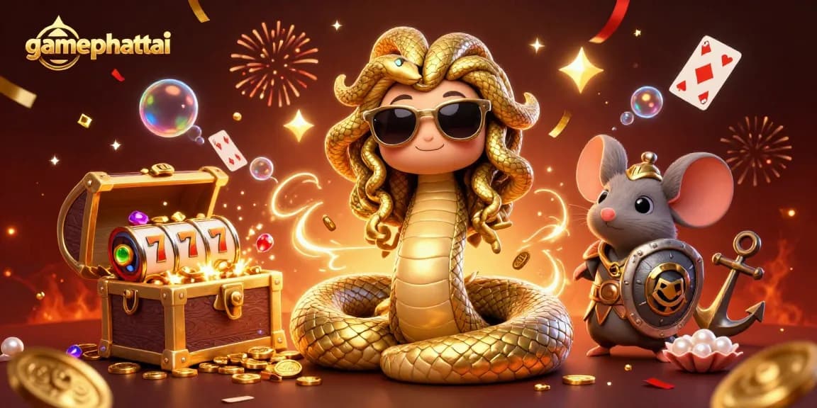 Join the excitement of gamephattai with fun slot reels and lucky 7s in a lively casino illustration.