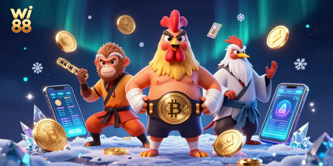 Bet on thrilling adventures at wi 88, featuring vibrant casino characters and glowing crypto elements.