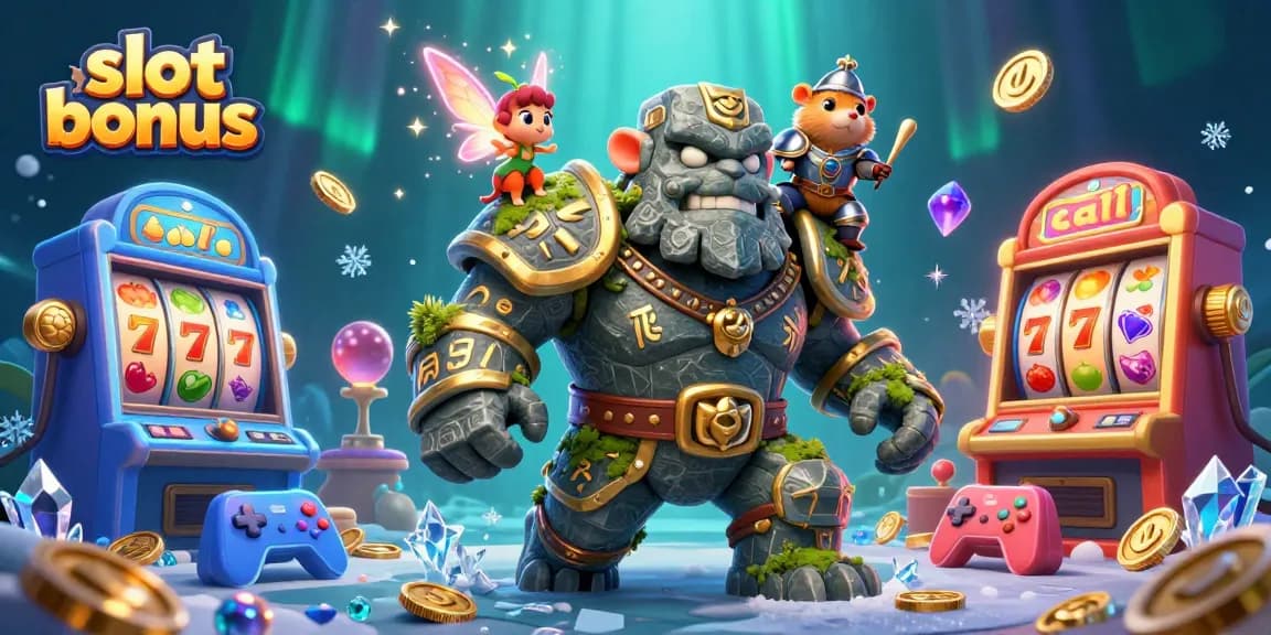 Experience the thrill of slot bonus with a dynamic scene featuring magical characters and glowing slot machines.