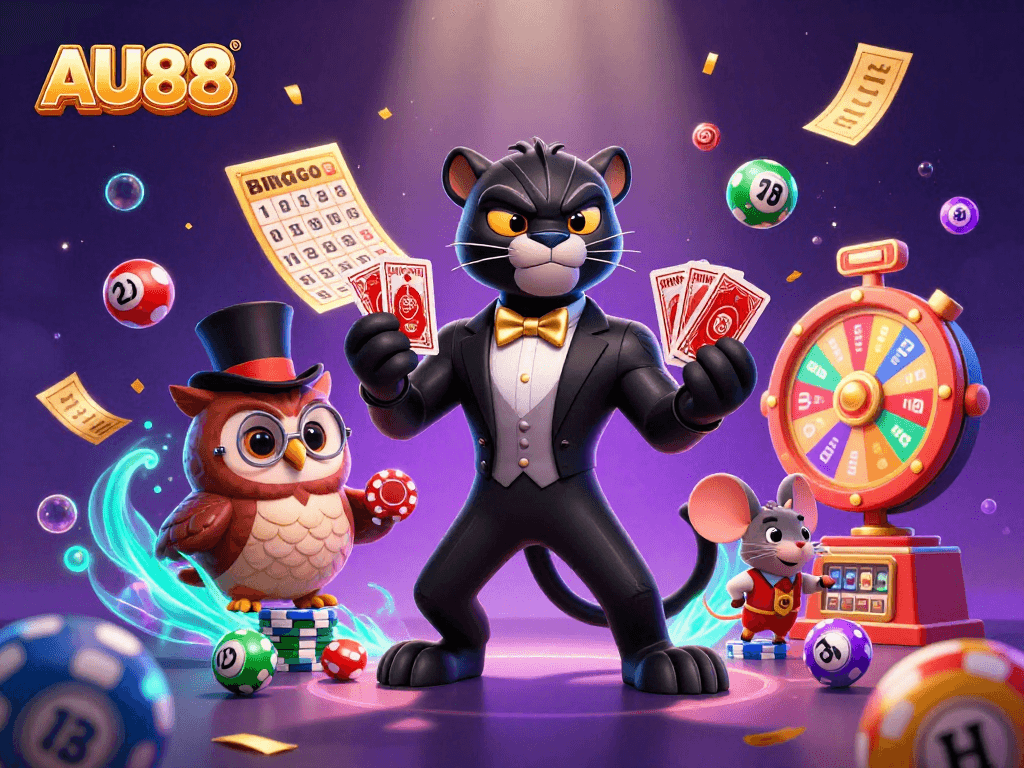 Join AU88's thrilling gaming adventure as a stylish black panther deals cards amidst a vibrant casino atmosphere.