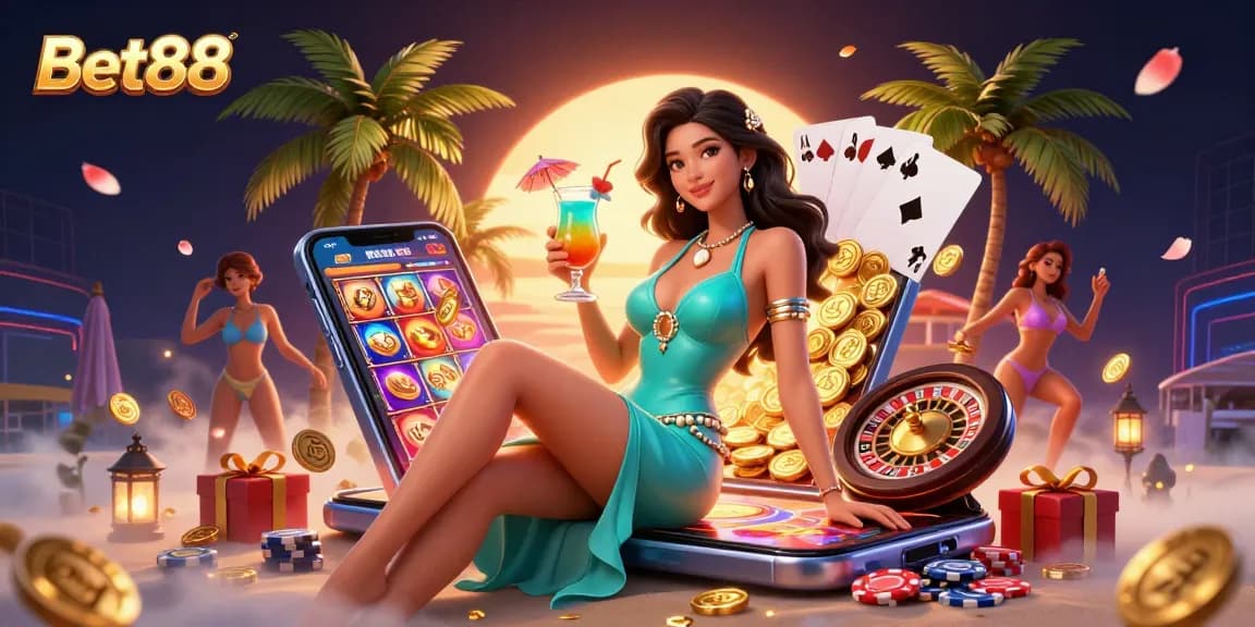 Spin to win exciting jackpots at Bet88 with vibrant casino games and a stunning tropical setting!