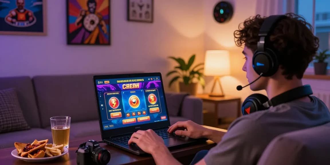 Engaged player at home using credit card casinos on a laptop, enjoying snacks and relaxed ambiance.