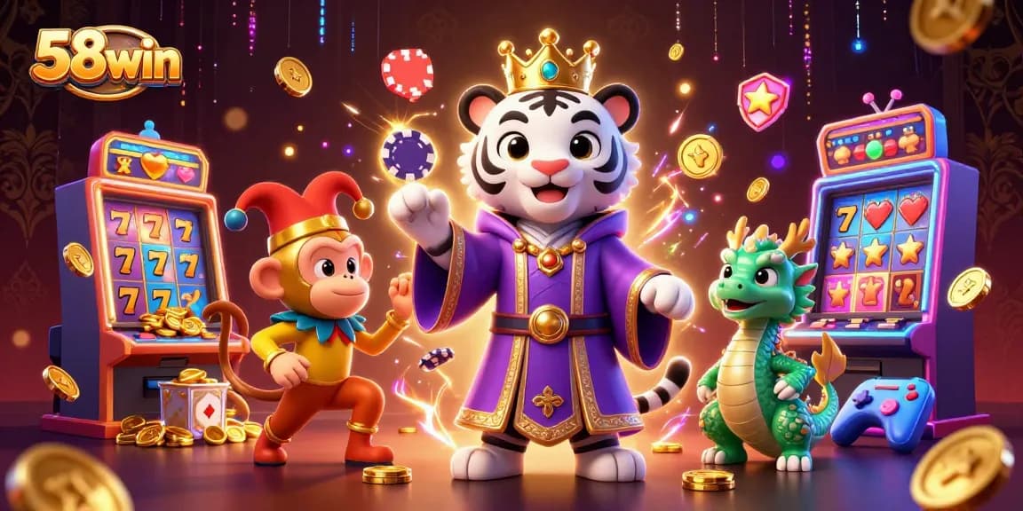 Embark on thrilling adventures with 58win's casino games featuring a majestic tiger and vibrant characters.