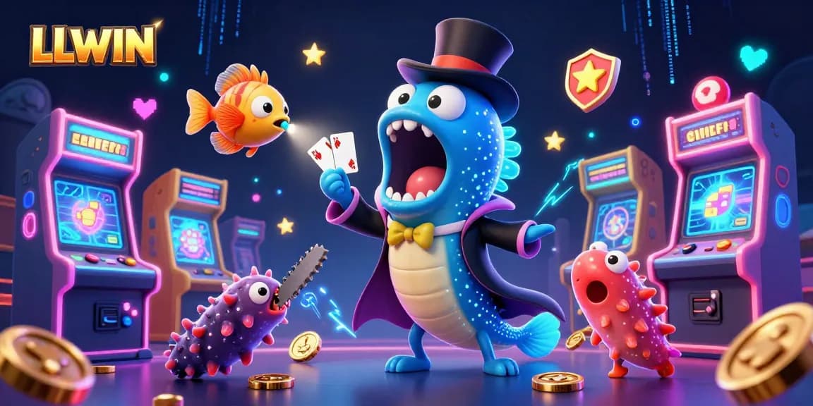 Experience thrilling casino adventures with LLWIN as characters perform magic tricks amidst vibrant gaming elements.