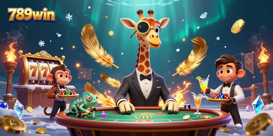 Engage with thrilling features at 789win's vibrant casino scene with high-roller giraffe and energetic monkey valet.