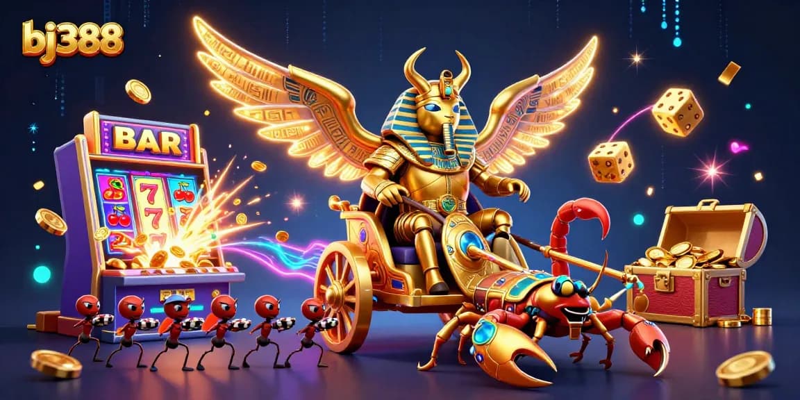 Experience the thrill of bj388 with a dynamic 3D casino scene featuring classic games and symbols.