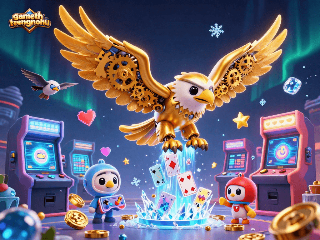 gamethuongnohu features a dynamic scene with a cybernetic eagle navigating vibrant arcade elements in a casino-style illustration.
