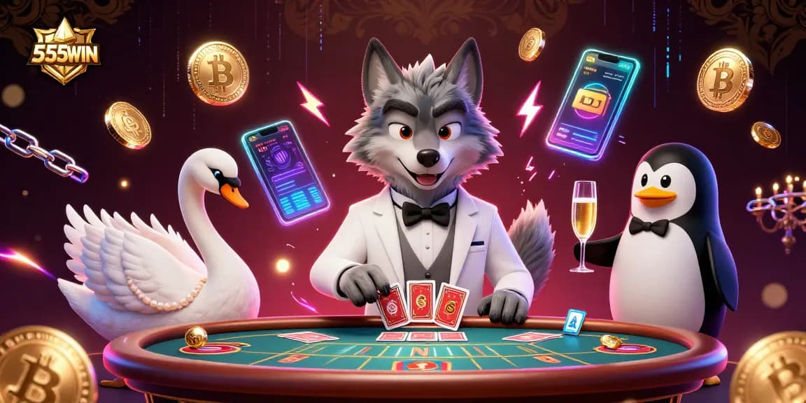 Engage in thrilling baccarat with 555WIN, featuring charismatic characters and vibrant casino elements.