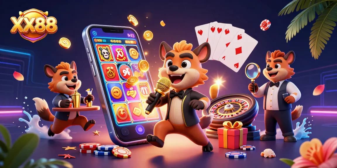 Experience the fun of XX88 with lively hyena characters in a vibrant casino scene.
