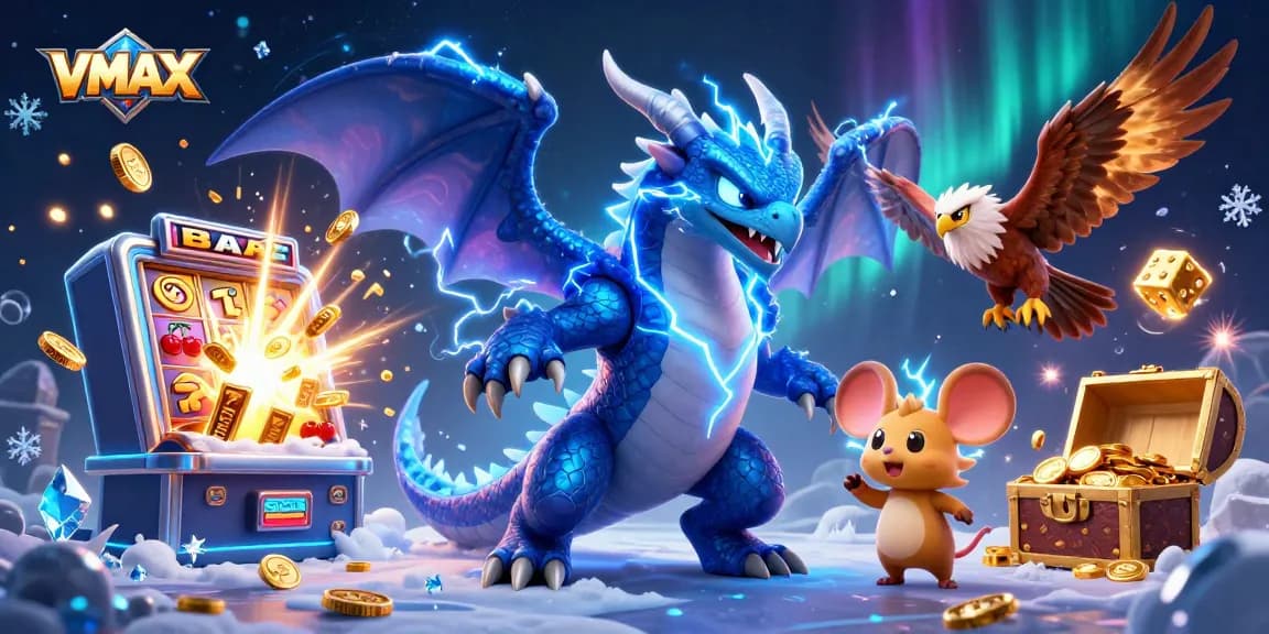 Experience the thrill of VMAX with animated characters celebrating a big win in a vibrant casino.