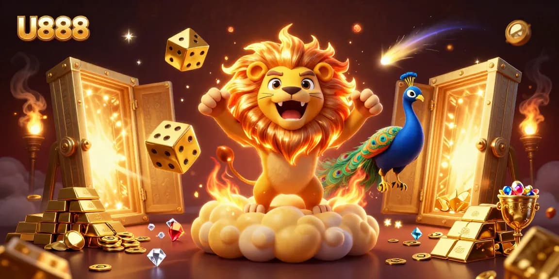 Win exciting games with U888, featuring dazzling 3D visuals of a golden lion and sparkling treasures.