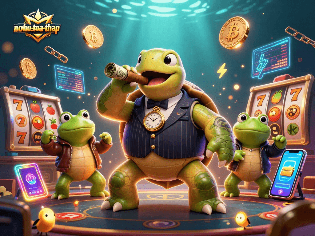 Win big with nohu-toa-thap in a vibrant 3D illustration featuring a turtle and bullfrogs in a casino setting.