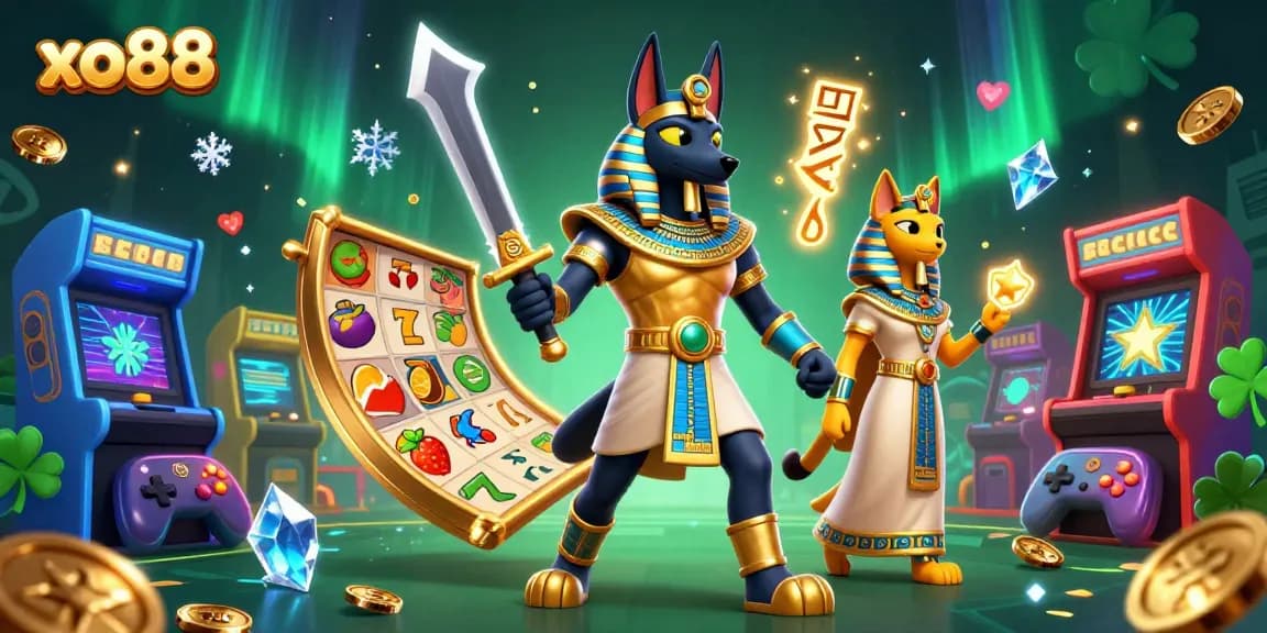 Experience excitement with xo88's vibrant gaming scene featuring Anubis and slot reels.
