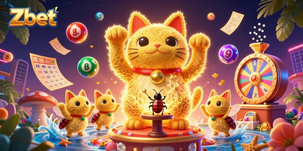 Zbet brings excitement with a golden lucky cat made of fireflies in a vibrant casino scene.