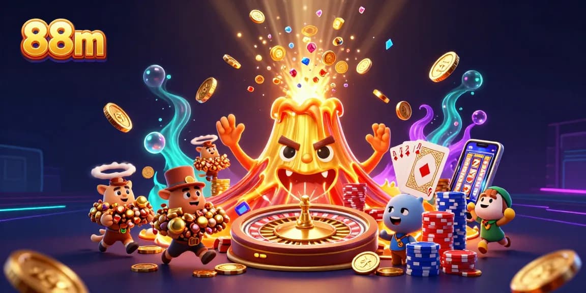 Spin to win with 88m's vibrant 3D gambling scene featuring exploding treasure.