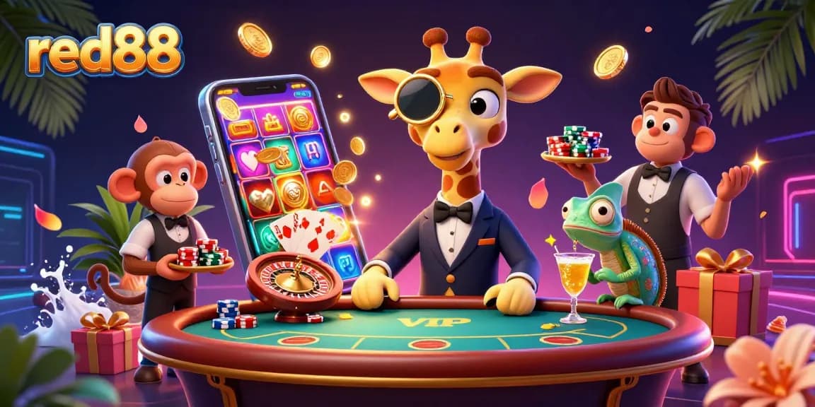 Join the excitement at red88 with a high-roller giraffe, monkey valet, and chameleon bartender.