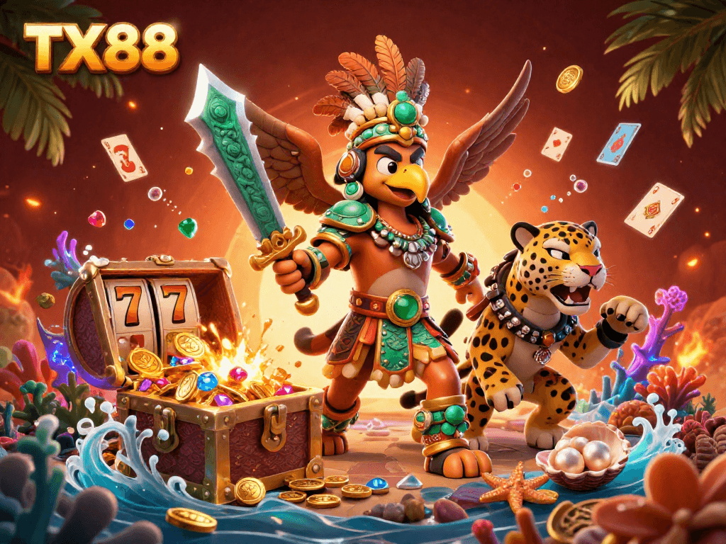 Experience the exciting world of TX88, featuring dynamic casino action with vibrant slot elements and warriors.